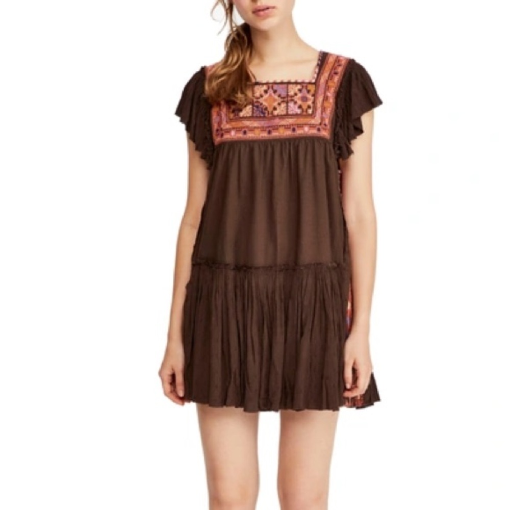 Free People NEW Brown and Orange Square Neck Dress Flowy Cutout Ruffle Back NWT